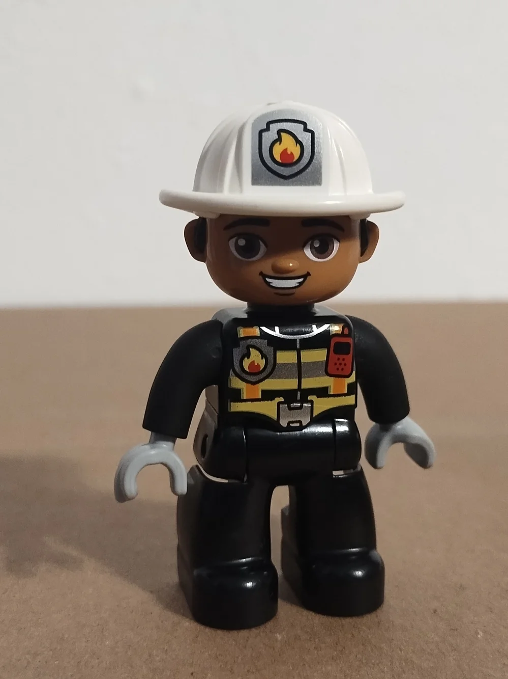 Lego Duplo Figure Fireman white hat (fire on hat) black uniform